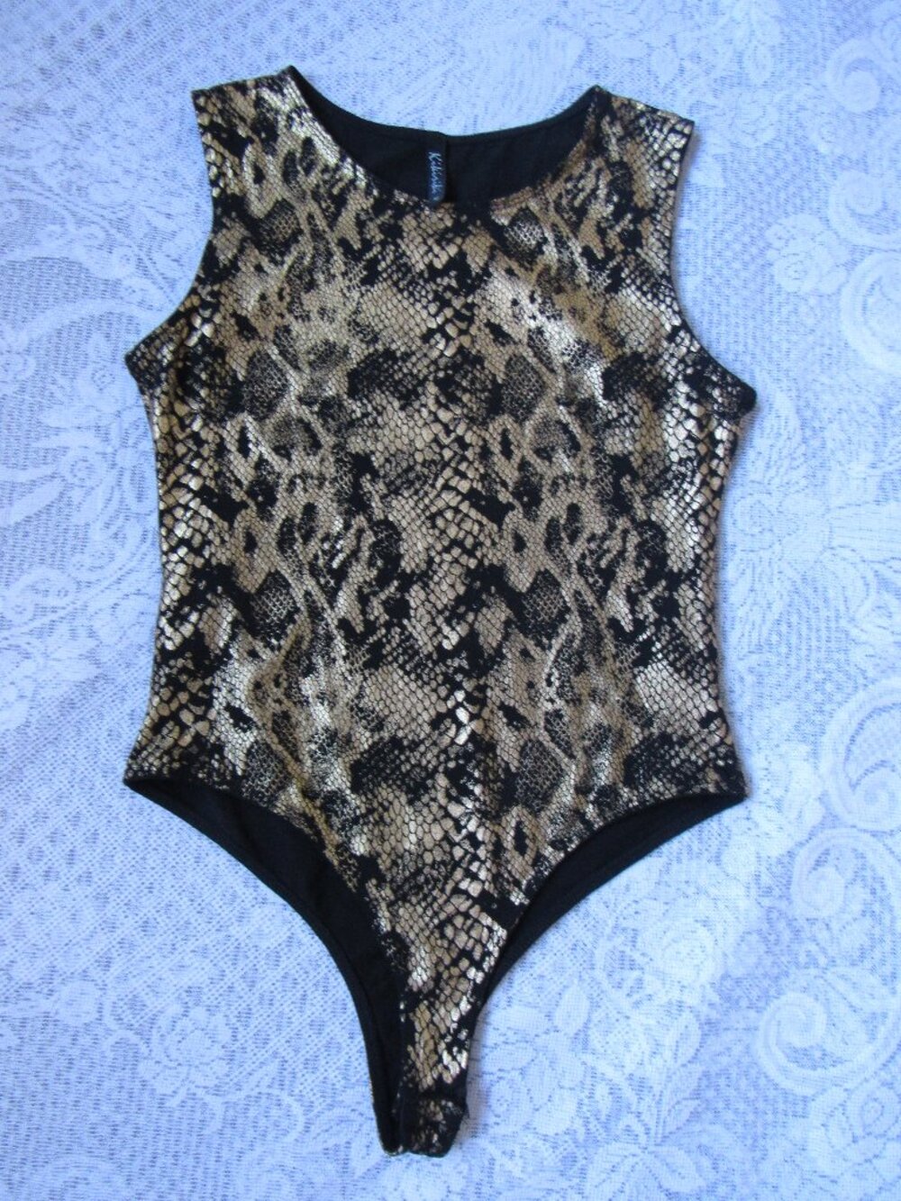 Kikiriki Bodysuit Sz Medium, Black/Gold, sleeveless,